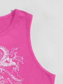 SHEIN Unity Chinese Dragon Graphic Lettuce Trim Tank Top - Hot Pink - View 3