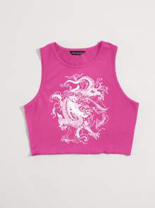 SHEIN Unity Chinese Dragon Graphic Lettuce Trim Tank Top - Hot Pink - View 4