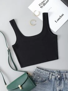 INAWLY Rib-knit Crop Tank Top - Black - View 2