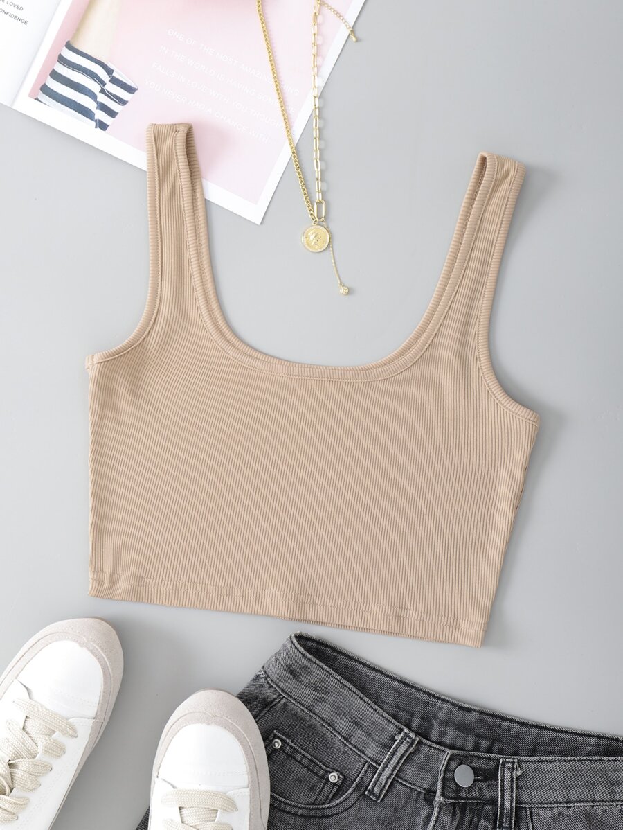 INAWLY Áo hai dây Gân đan màu trơn Giải trí - Màu Khaki - Xem 1