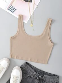 INAWLY Áo hai dây Gân đan màu trơn Giải trí - Màu Khaki - Xem 2