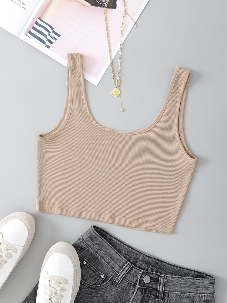 Áo hai dây Gân đan màu trơn Giải trí - Màu Khaki - Xem 2