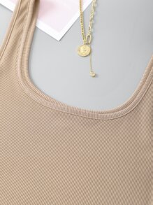 INAWLY Áo hai dây Gân đan màu trơn Giải trí - Màu Khaki - Xem 4