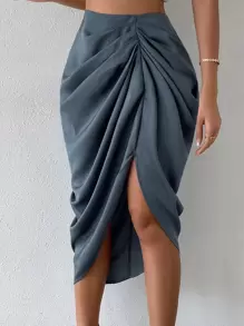 Chiquease Váy nữ Bất đối xứng Xù Dây kéo màu trơn Giải trí - Màu xám đen - Xem 6