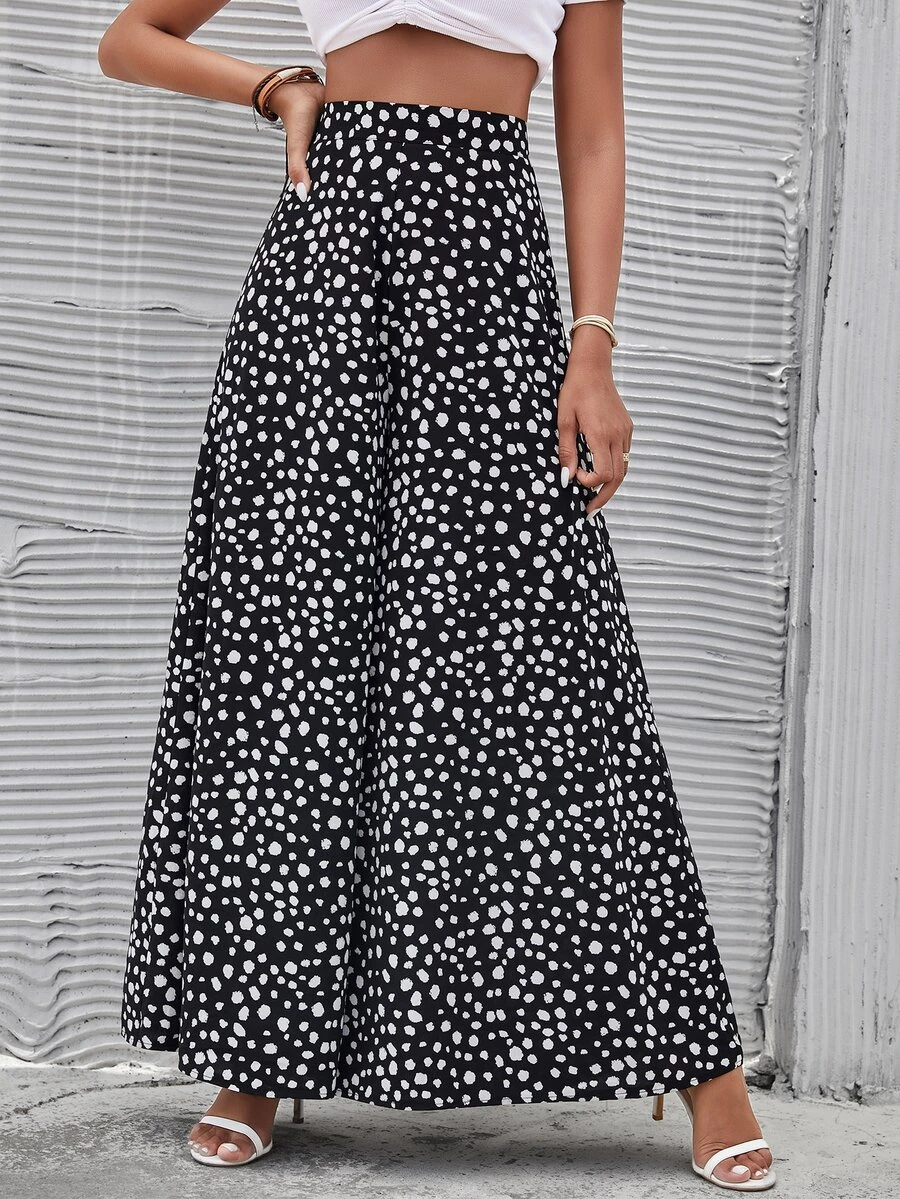 SHEIN LUNE High Waist Dalmatian Wide Leg Trousers - Black and White - View 1