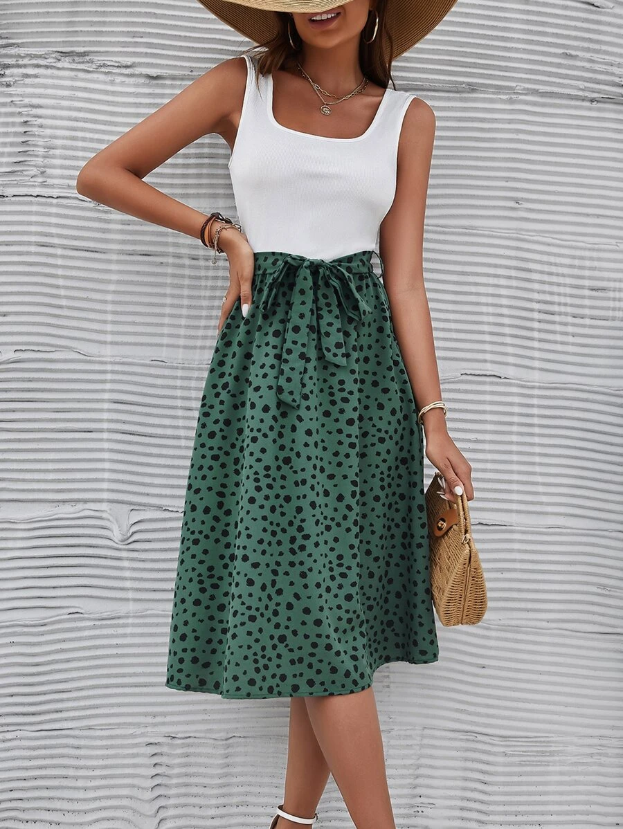 SHEIN LUNE Vestido línea A de color combinado con cinturón - Multicolor - Ver 1