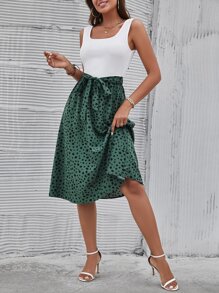 SHEIN LUNE Vestido línea A de color combinado con cinturón - Multicolor - Ver 3