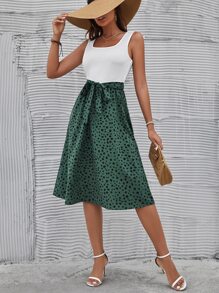 SHEIN LUNE Vestido línea A de color combinado con cinturón - Multicolor - Ver 4
