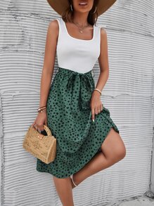 SHEIN LUNE Vestido línea A de color combinado con cinturón - Multicolor - Ver 6