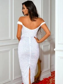 LOVE&LEMONADE Off Shoulder Split Hem Sequins Bodycon Dress - White - View 3