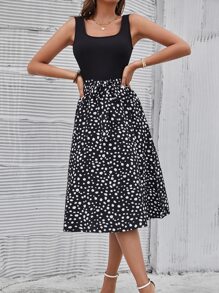 SHEIN LUNE Graphic Print Belted A-line Dress - Black - View 1