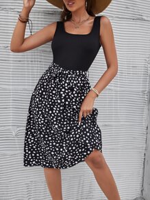 SHEIN LUNE Graphic Print Belted A-line Dress - Black - View 3