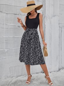 SHEIN LUNE Graphic Print Belted A-line Dress - Black - View 4