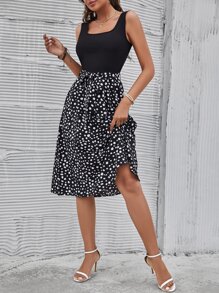 SHEIN LUNE Graphic Print Belted A-line Dress - Black - View 5
