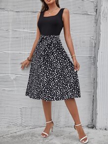 SHEIN LUNE Graphic Print Belted A-line Dress - Black - View 6