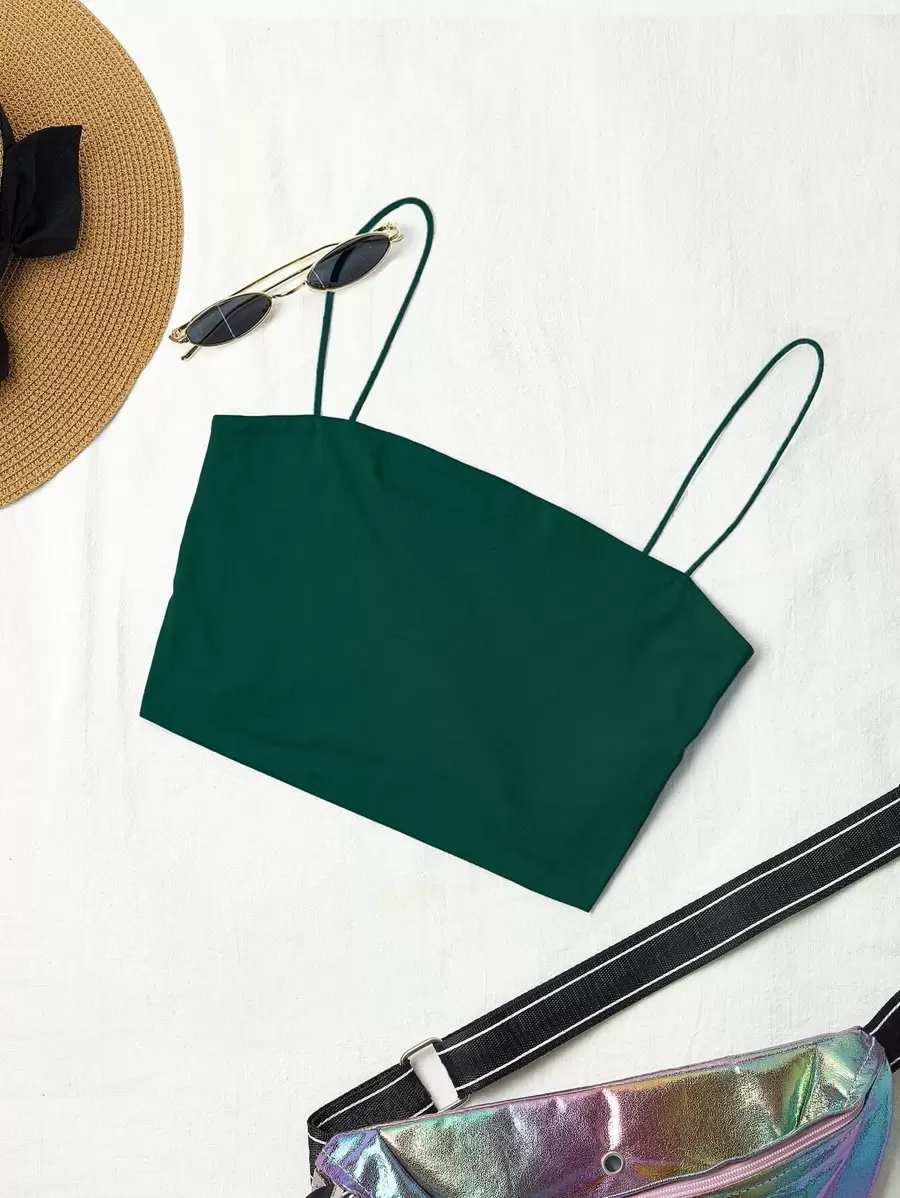 SHEIN Unity 素色緊身吊帶短版上衣 - 墨綠色 - 查看 1