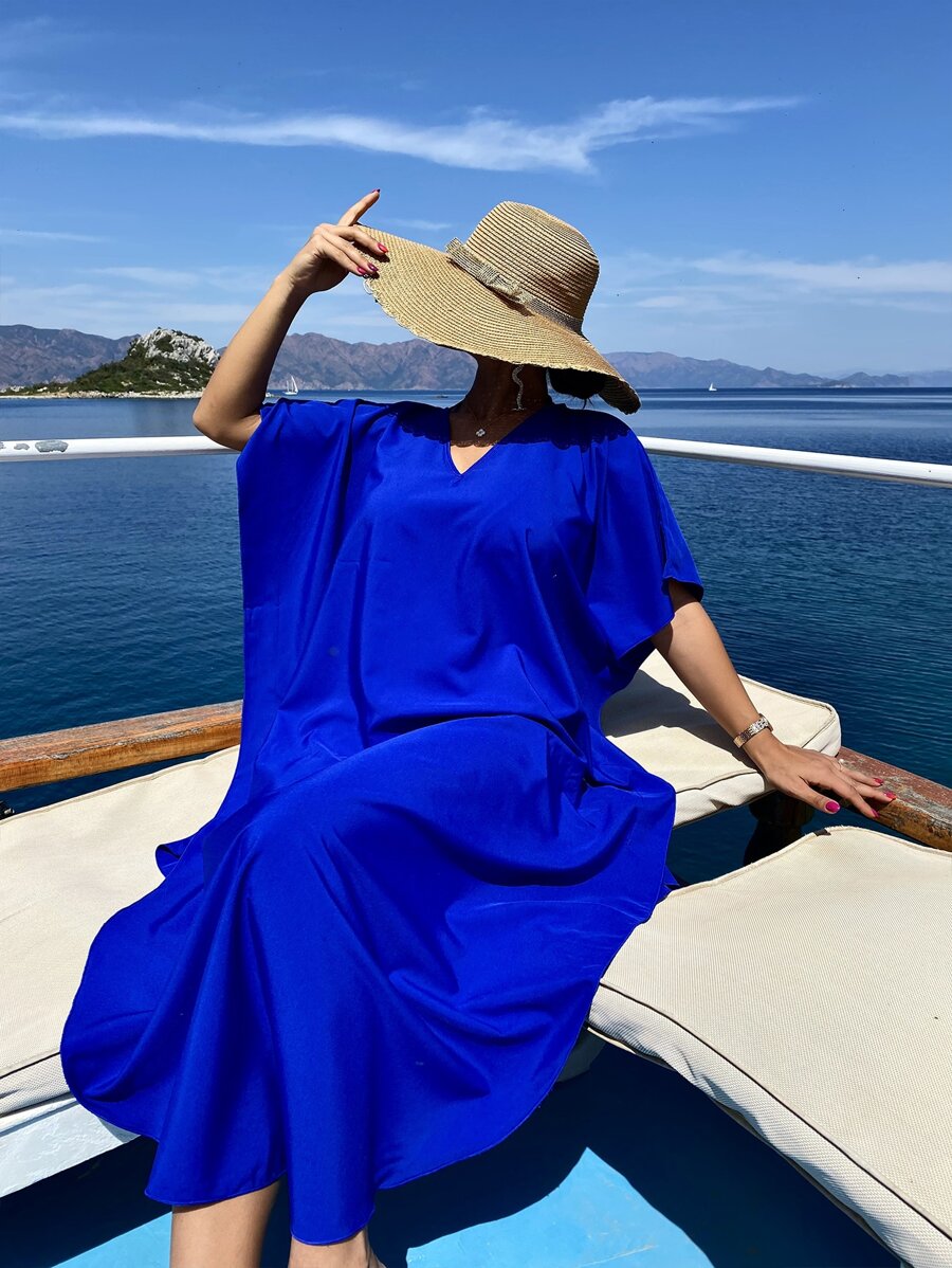 SHEIN Swim 熒光色蝙蝠袖弧形下擺罩衫連衣裙 - 寶藍色 - 查看 1