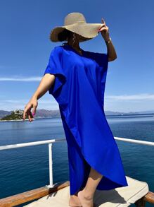 SHEIN Swim 熒光色蝙蝠袖弧形下擺罩衫連衣裙 - 寶藍色 - 查看 2