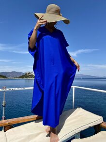 SHEIN Swim 熒光色蝙蝠袖弧形下擺罩衫連衣裙 - 寶藍色 - 查看 3