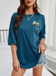 SHEIN LUNE Áo thun nữ Hoa Thực vật Giải trí - Màu xanh hải quân - Xem 1