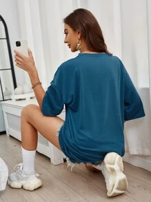 SHEIN LUNE Áo thun nữ Hoa Thực vật Giải trí - Màu xanh hải quân - Xem 2
