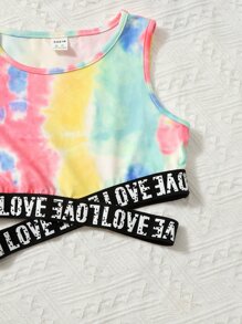 SHEIN Niñas Top tank de tie dye en contraste con cinta con letra con pantalones deportivos - Multicolor - Ver 4