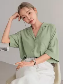 DAZY 鈕扣前開口下垂肩寬鬆襯衫 - 綠色 - 查看 1