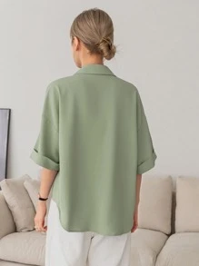 DAZY 鈕扣前開口下垂肩寬鬆襯衫 - 綠色 - 查看 2