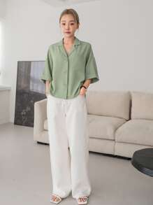 DAZY 鈕扣前開口下垂肩寬鬆襯衫 - 綠色 - 查看 3