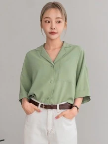 DAZY 鈕扣前開口下垂肩寬鬆襯衫 - 綠色 - 查看 4