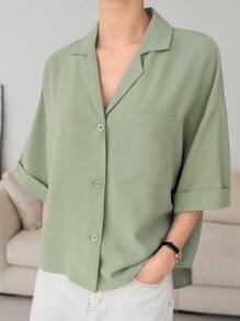 DAZY 鈕扣前開口下垂肩寬鬆襯衫 - 綠色 - 查看 5