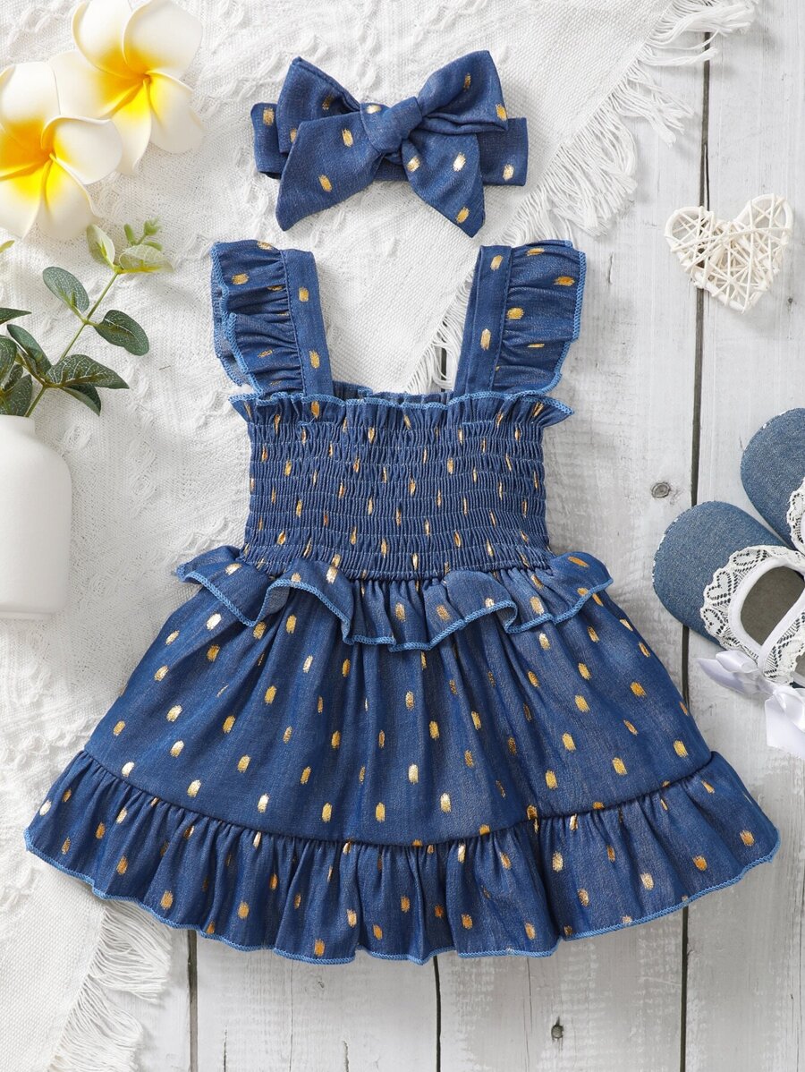 SHEIN Vintaside Kids Baby Girl Gold Dot Print Shirred Ruffle Hem Dress With Headband - Royal Blue - View 1