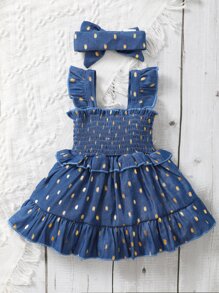 SHEIN Vintaside Kids Baby Girl Gold Dot Print Shirred Ruffle Hem Dress With Headband - Royal Blue - View 2