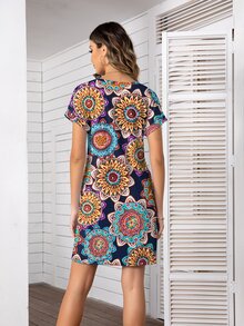 DEARCASE Mandala Print Batwing Sleeve Tee Dress - Multicolor - View 2