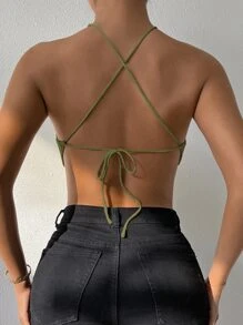 Zolique Casual Textured Suspender Knit Top, Solid Color Asymmetrical Hem Spaghetti Strap Crop Top, Spring/Summer - Olive Green - View 2