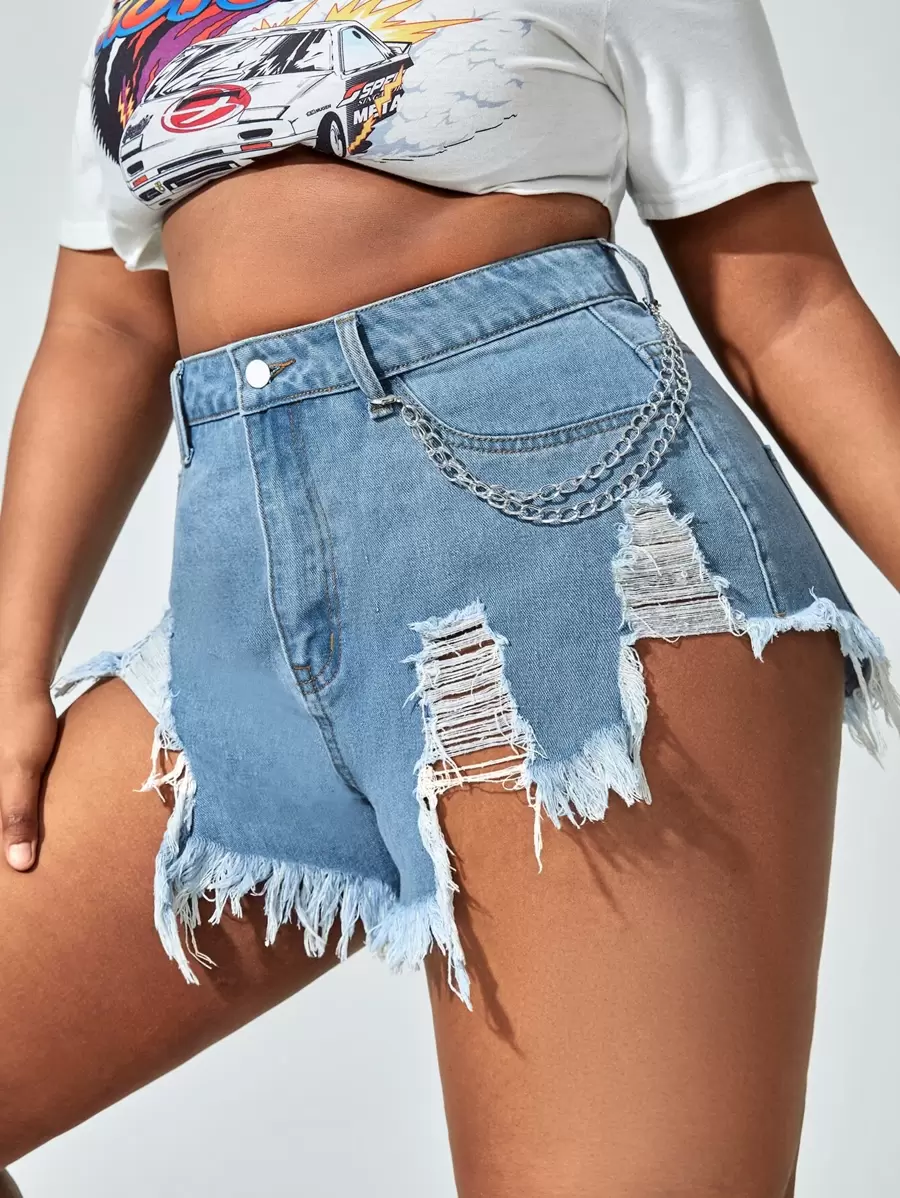 SHEIN Plus High Waist Ripped Raw Trim Chain Detail Denim Shorts - Light Wash - View 1
