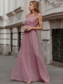 EVERPRETTY Guipure Lace Bodice Maxi Chiffon Bridesmaid Dress - Dusty Pink - View 1