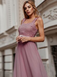 EVERPRETTY Guipure Lace Bodice Maxi Chiffon Bridesmaid Dress - Dusty Pink - View 3