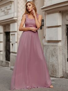 EVERPRETTY Guipure Lace Bodice Maxi Chiffon Bridesmaid Dress - Dusty Pink - View 4