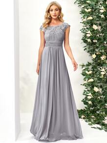 EVERPRETTY Guipure Lace Yoke Cutout Back Chiffon Bridesmaid Dress - Light Grey - View 1