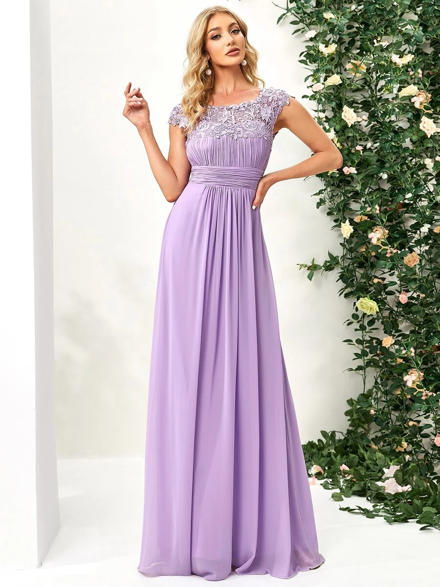 EVERPRETTY Contrast Lace Cut Out Back Bridesmaid Dress - Lilac Purple - View 1