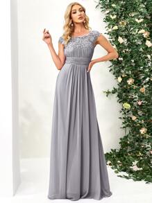 EVERPRETTY Guipure Lace Yoke Cutout Back Chiffon Bridesmaid Dress - Light Grey - View 4