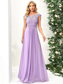 EVERPRETTY Contrast Lace Cut Out Back Bridesmaid Dress - Lilac Purple - View 3