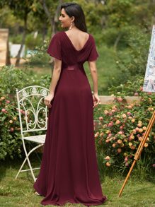 Elegant V-Neck Ruffle Butterfly Sleeve Burgundy Bridesmaid Dress, Wedding Guest Dress For Spring Semi-Formal Occasions, Mother Of The Bride Dress For Wedding, Birthday Party, Graduation, Valentine's Day - Burgundy - View 3