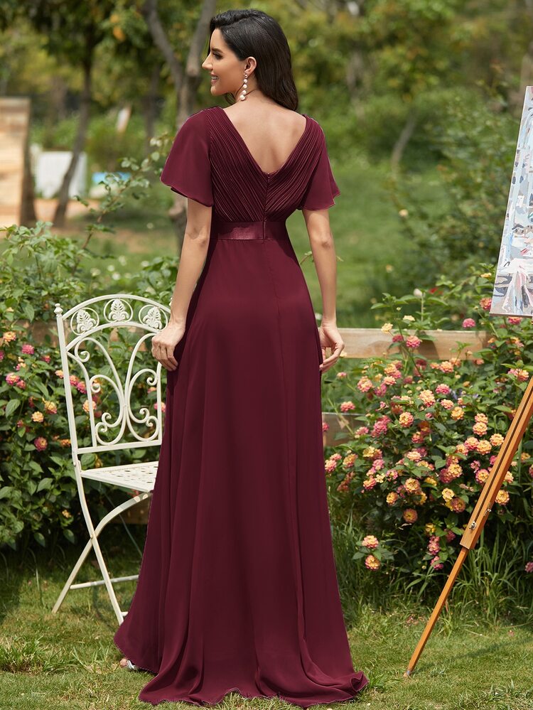 EVERPRETTY Elegant V-Neck Ruffle Butterfly Sleeve Burgundy Bridesmaid Dress, Wedding Guest Dress For Spring Semi-Formal Occasions, Mother Of The Bride Dress For Wedding, Birthday Party, Graduation, Valentine's Day