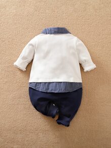 Yierying 男嬰半紐扣圖案刺繡假兩件連身長褲 - 藍白色 - 查看 2