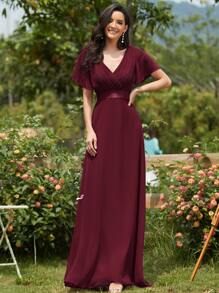 Elegant V-Neck Ruffle Butterfly Sleeve Burgundy Bridesmaid Dress, Wedding Guest Dress For Spring Semi-Formal Occasions, Mother Of The Bride Dress For Wedding, Birthday Party, Graduation, Valentine's Day - Burgundy - View 4