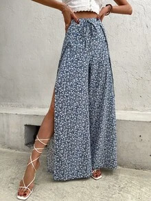 碎花前打結高衩闊腿褲 - 藍白色 - 查看 5