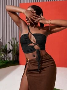 SHEIN SXY Asymmetrical Neck Textured Cut Out Lace Up Crop Top