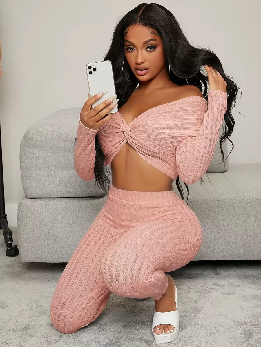 SHEIN SXY Bộ đồ hai mảnh nữ xoắn lại màu trơn Gợi cảm - Hồng - Xem 1